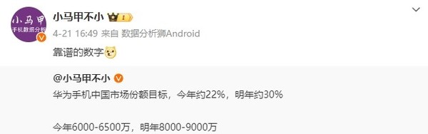 华为手机中国市场份额目标曝光：今年约22% 明年30%