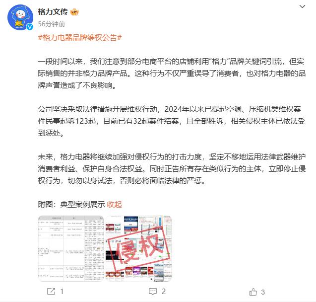 格力维权：已提起123起民事诉讼