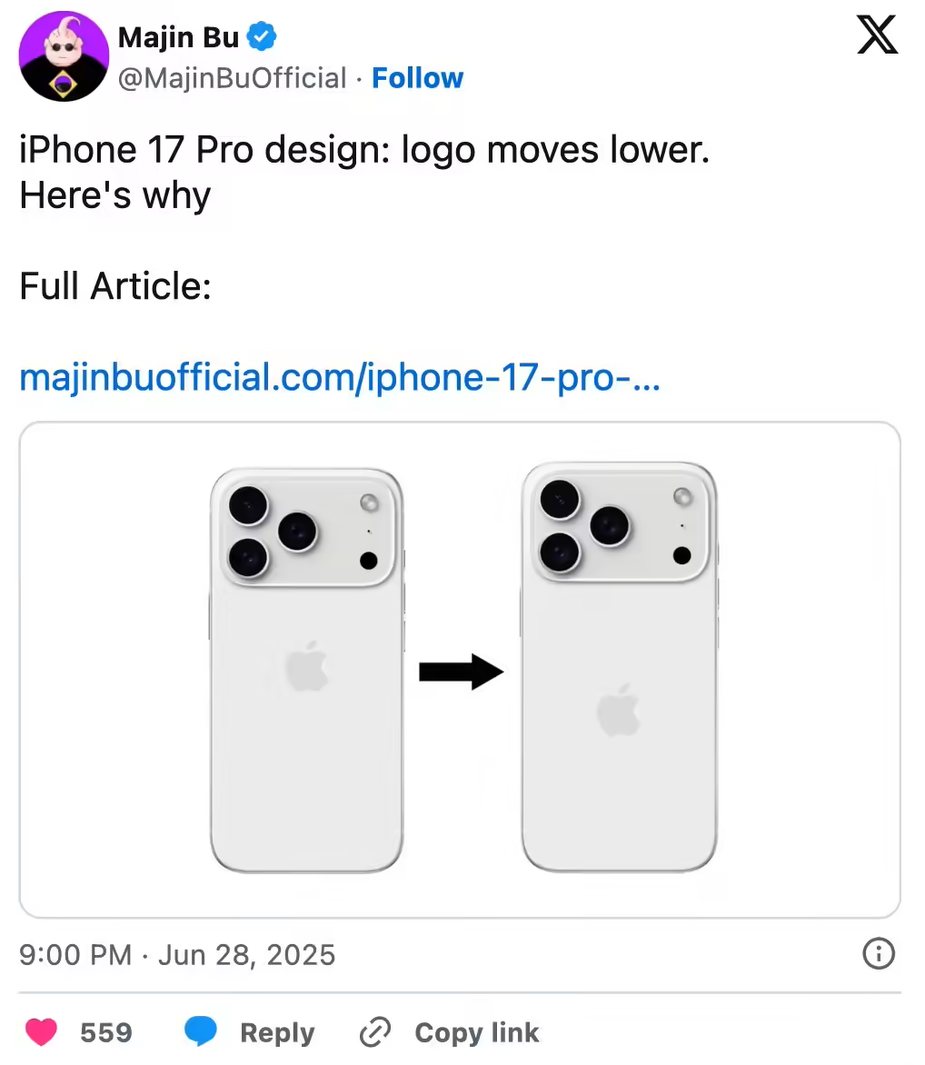 消息称苹果iPhone 17 Pro将调整后盖Logo徽标位置