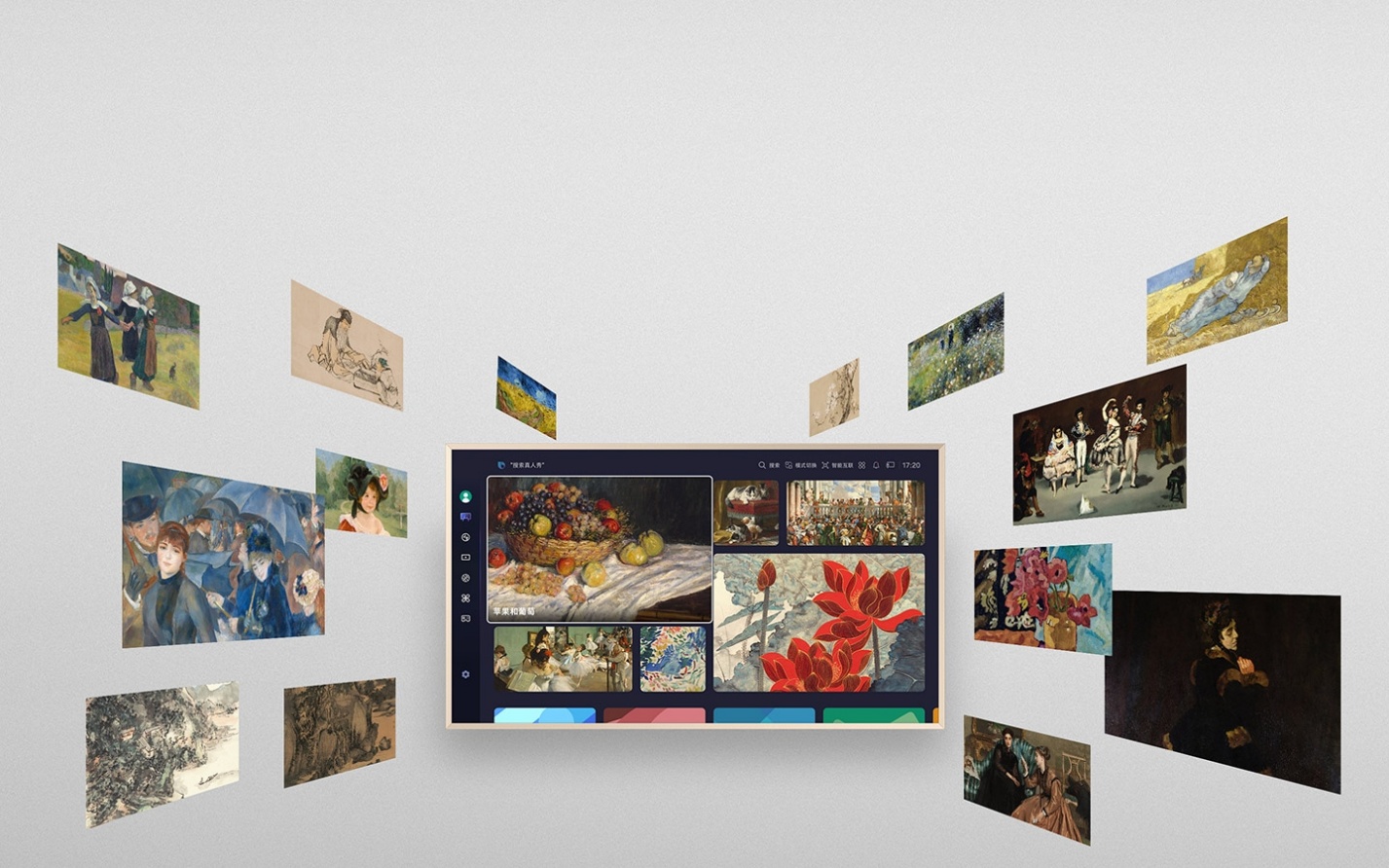 电视展示着三星艺术画廊里可供浏览的艺术作品。在它周围，来自著名博物馆和画廊的其他艺术作品仿佛朝着电视移动，并被吸入其中。