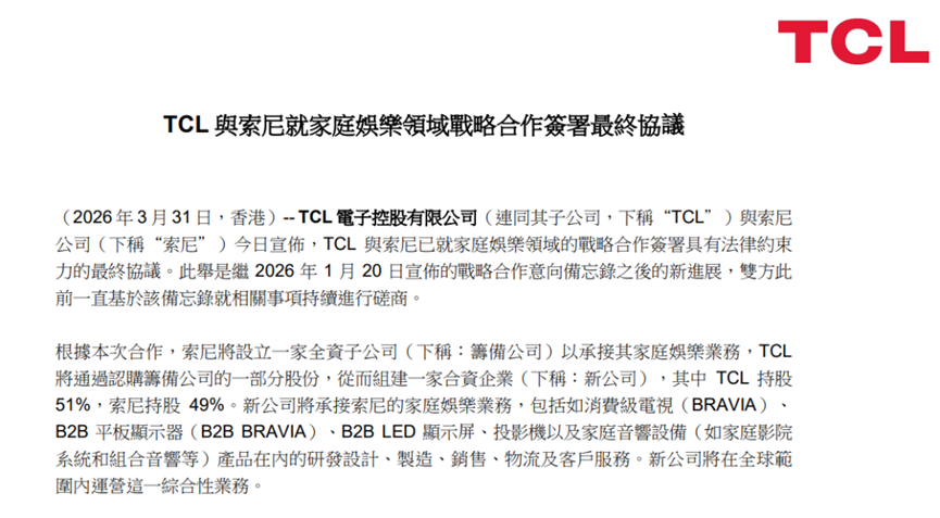37.81亿港元！TCL控股索尼家庭娱乐业务，电视王座之争向中国倾斜